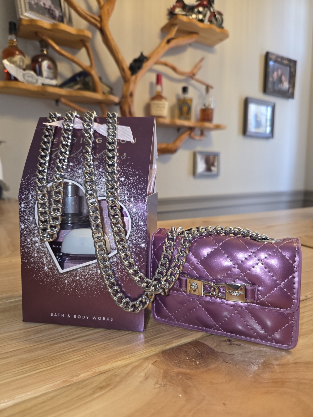 Kurt Geiger Metallic Lilac Quilted Mini Crossbody with Silver Chain.